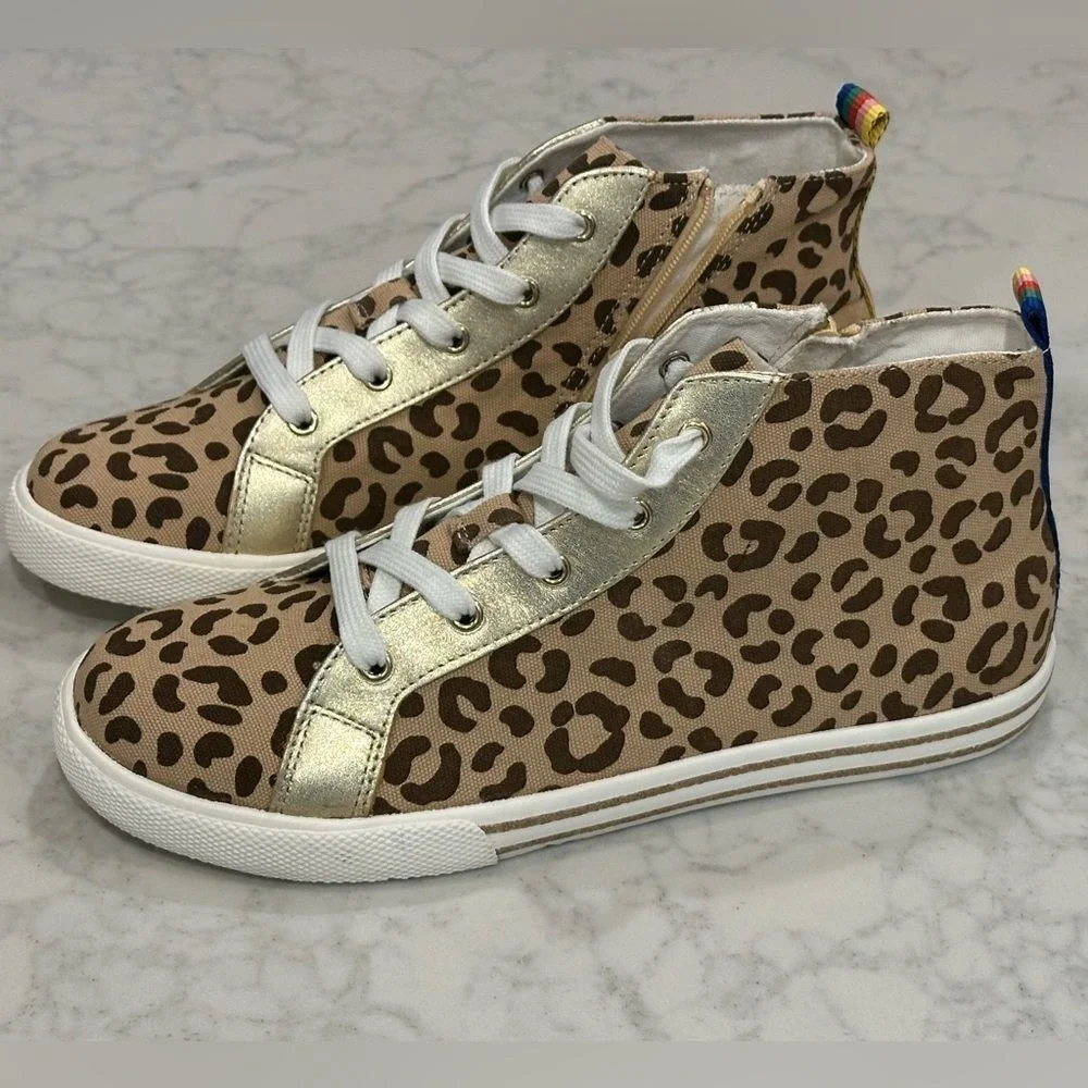 Mini Boden Girls Leopard Print High Top Sneakers Gold Trim Rainbow Zip Size 39